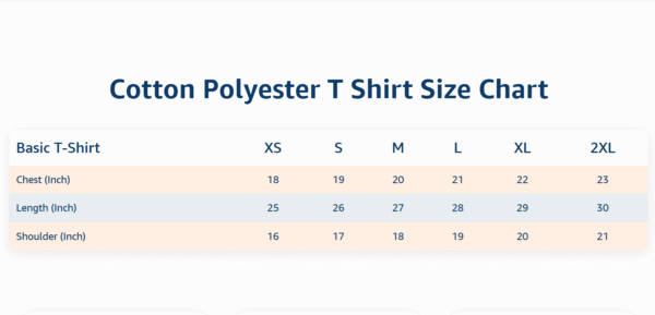 COTTON POLYSTER T SHIRT SIZE CHART