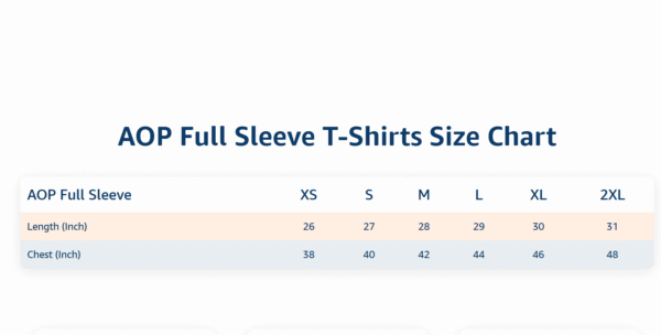 FULL SLEEVE T SHIRT SIZE CHART
